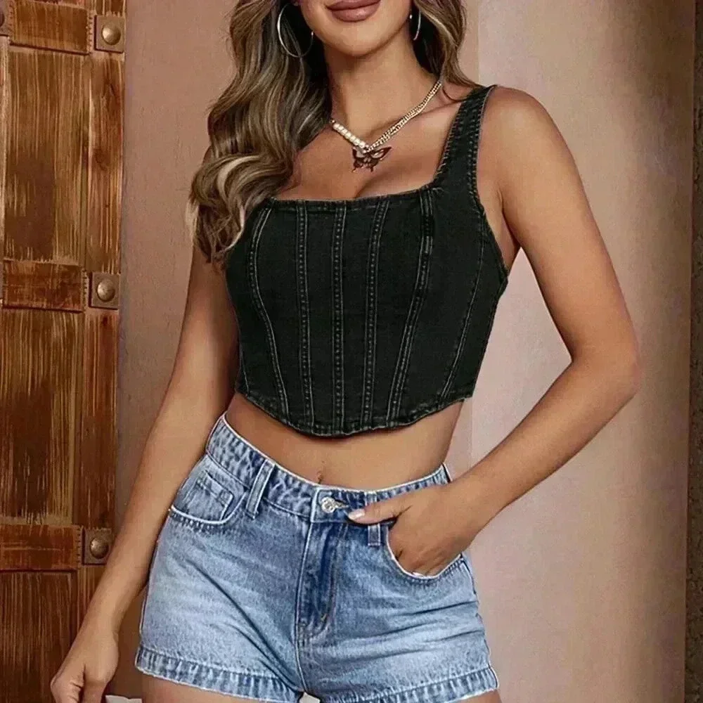 Black Casual Women's Top-Stitching Zip Back Denim Tank Top - Picture 2 of 5